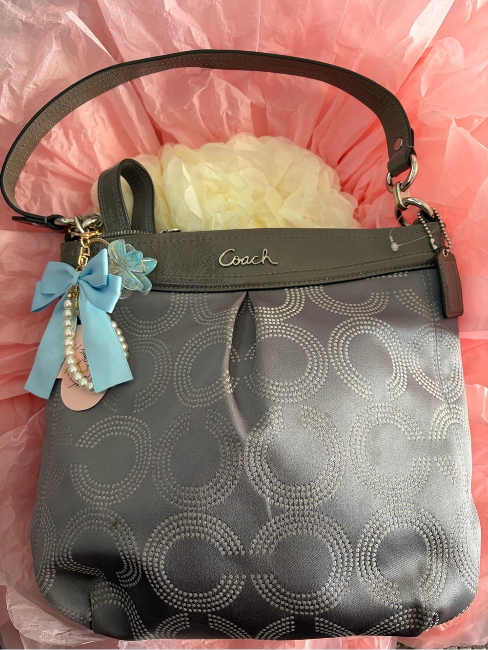 Coach Gray Signature Sateen Shoulder Bag with Blue Bow Charm